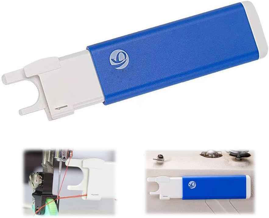 Blue sewing machine needle threader with white prongs and magnet body