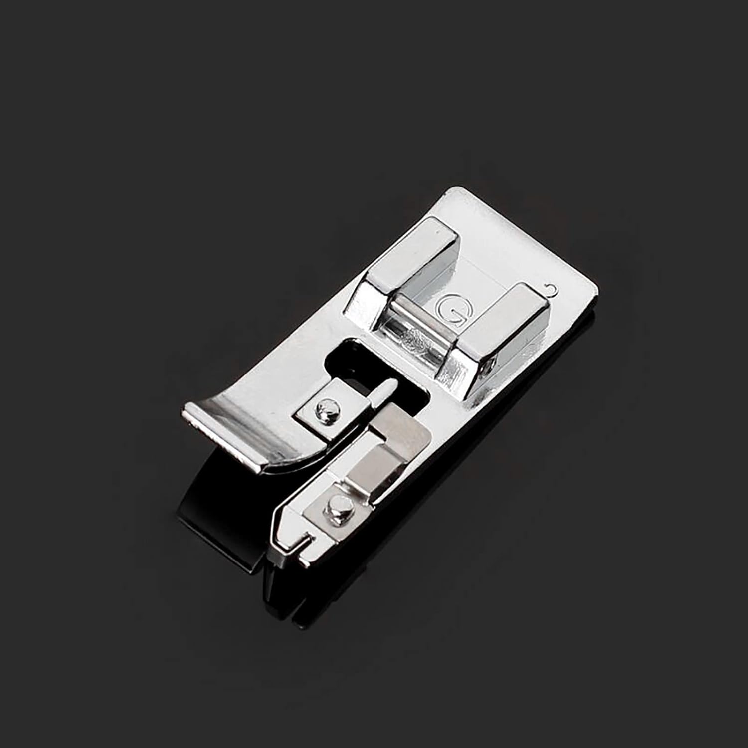 Overcast snap-on presser foot with twin side supports and stitch guide, metal finish