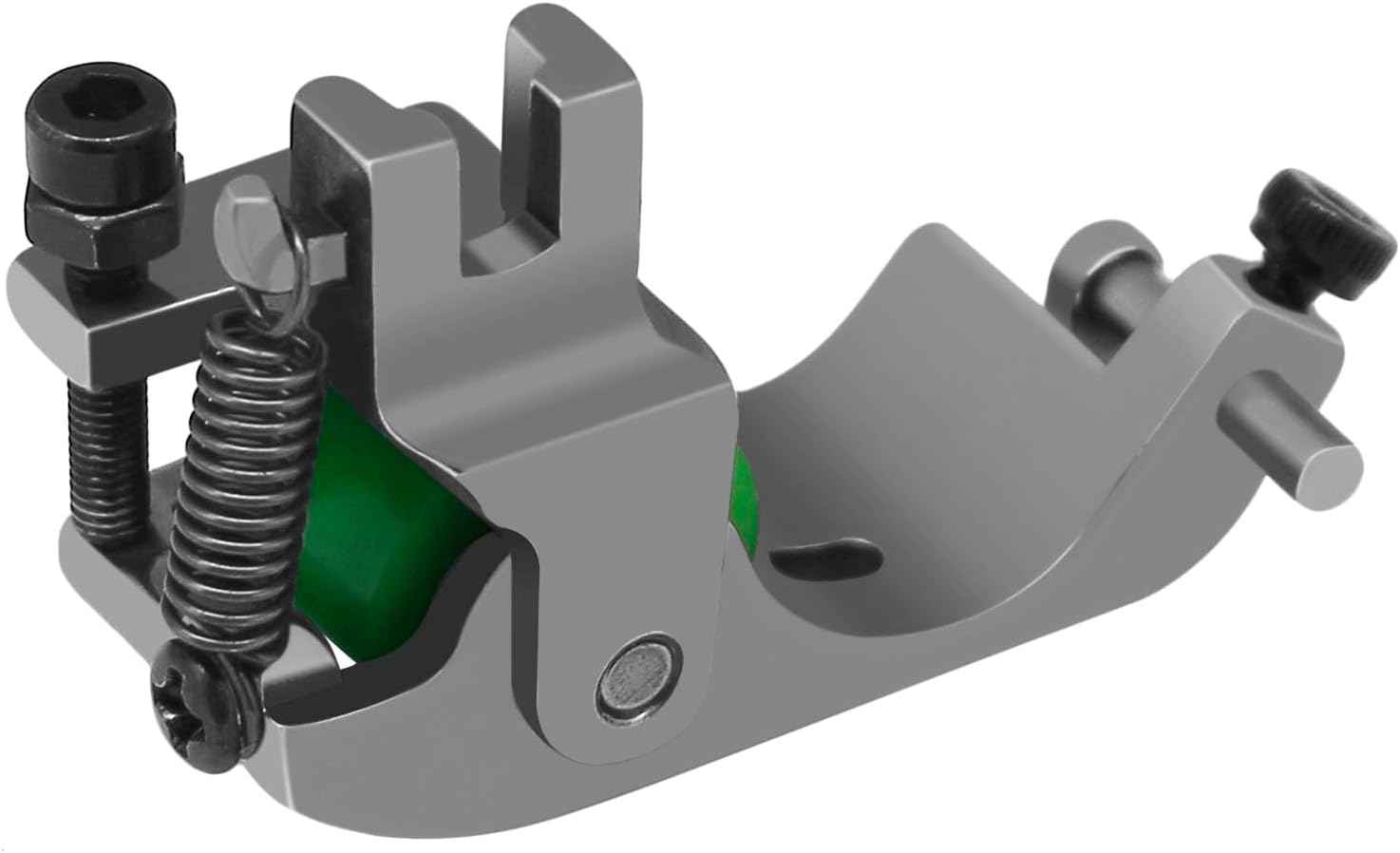 Hem presser foot attachment with green roller, gray housing, and coil spring adjusters