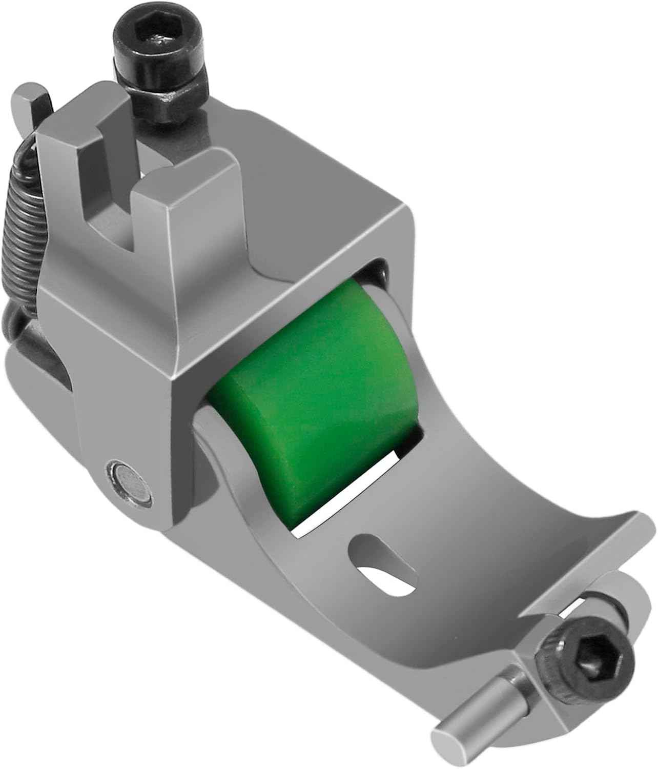 Edge guide roller presser foot, gray frame with green roller window and mounting screws