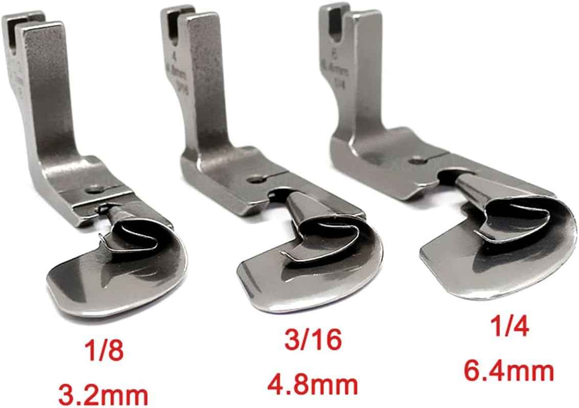 3 curved hemming feet labeled 1/8, 3/16 and 1/4; widths 3.2–6.4 mm