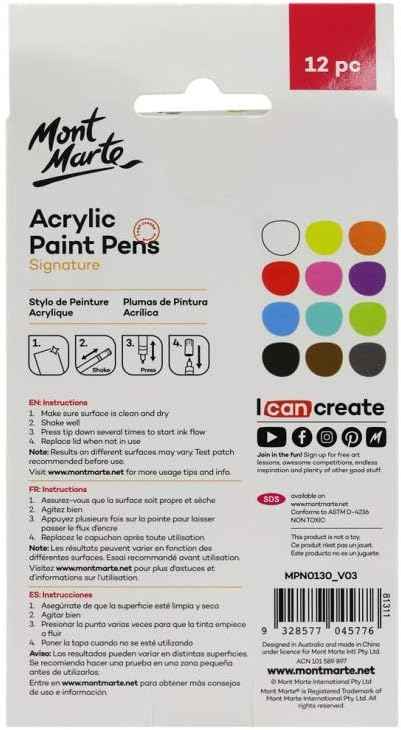 Mont Marte Signature Acrylic Paint Pens,12 Piece,Round Tip (3mm)