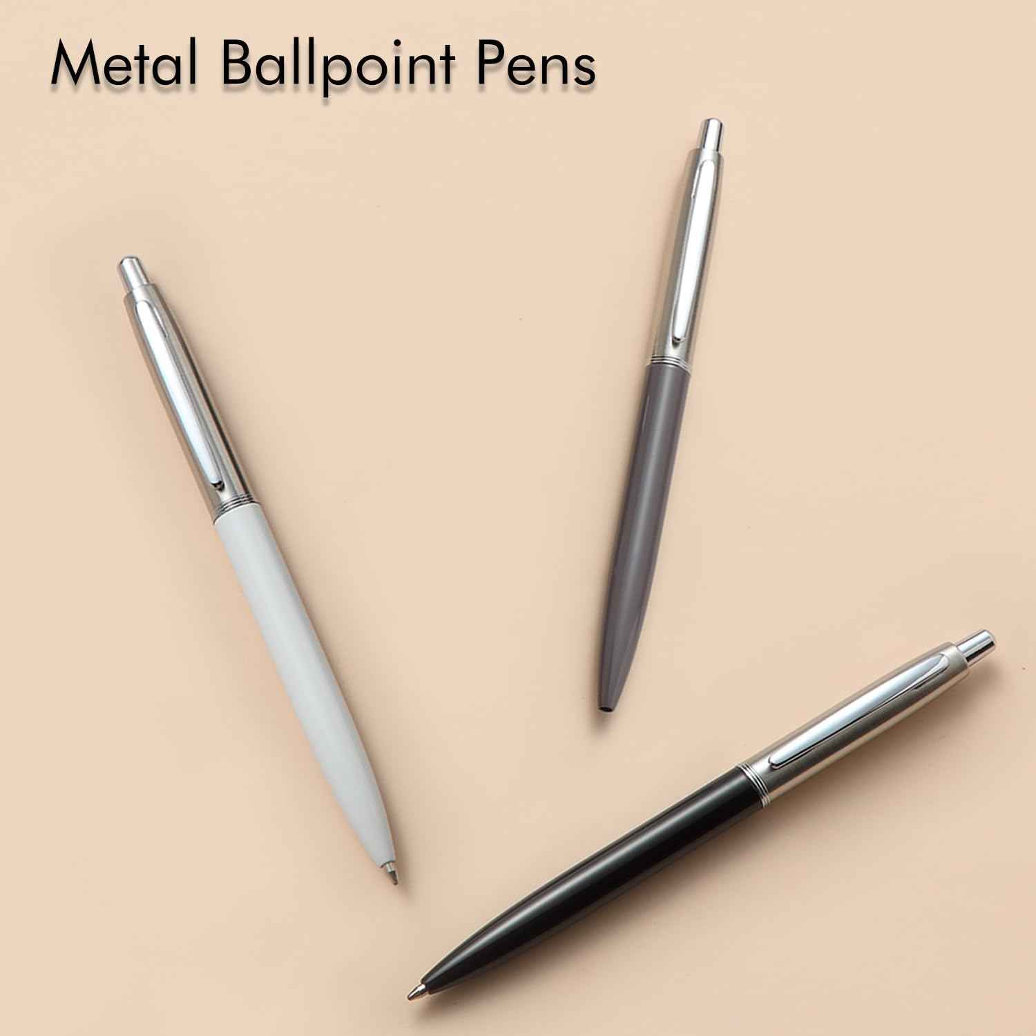 3Pcs Retractable Stainess Steel Metal Ballpoint Pens,6 Replaceable Refills