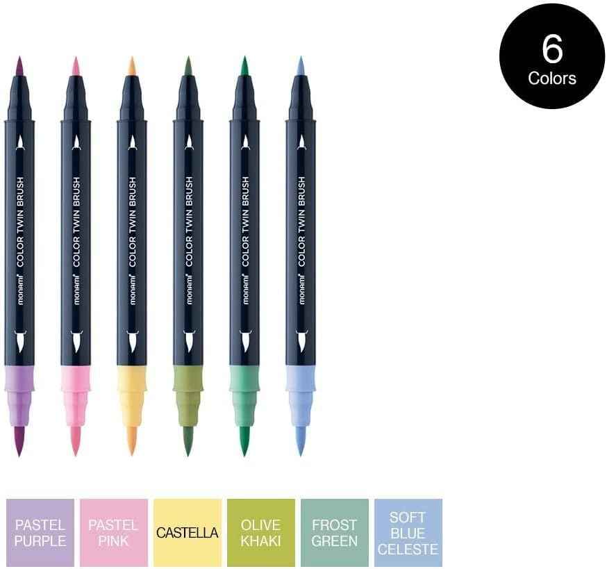 MONAMI Color Twin Brush Marker Pens,Pastel Color 6-Pack