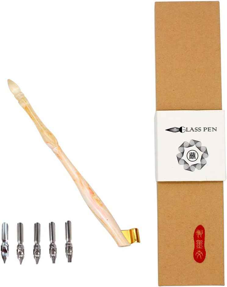 Oblique Calligraphy Nib Pen Point Holder Dip Pen 5 Flat Nibs Orange + 5Nib