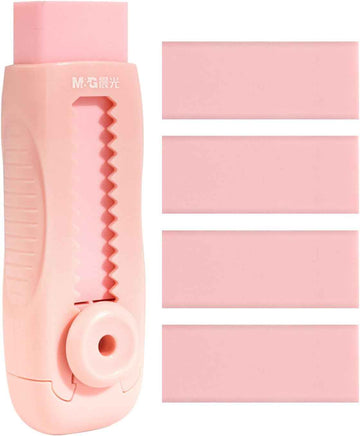 M&G 4+1 Pack Sliding Retractable Eraser with Sleeve and 4 Refill Erasers Pink
