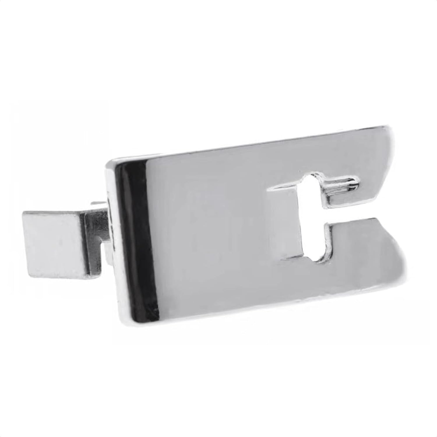 Close-up of metal presser foot shank with snap-on bracket for sewing machine