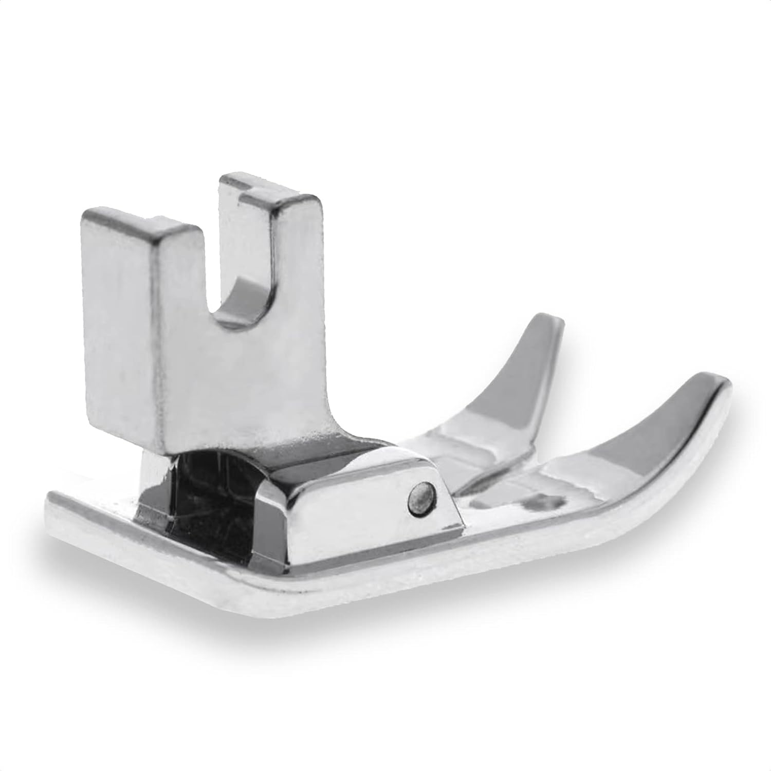 Metal presser foot for straight and zigzag stitching, curved toe and guide