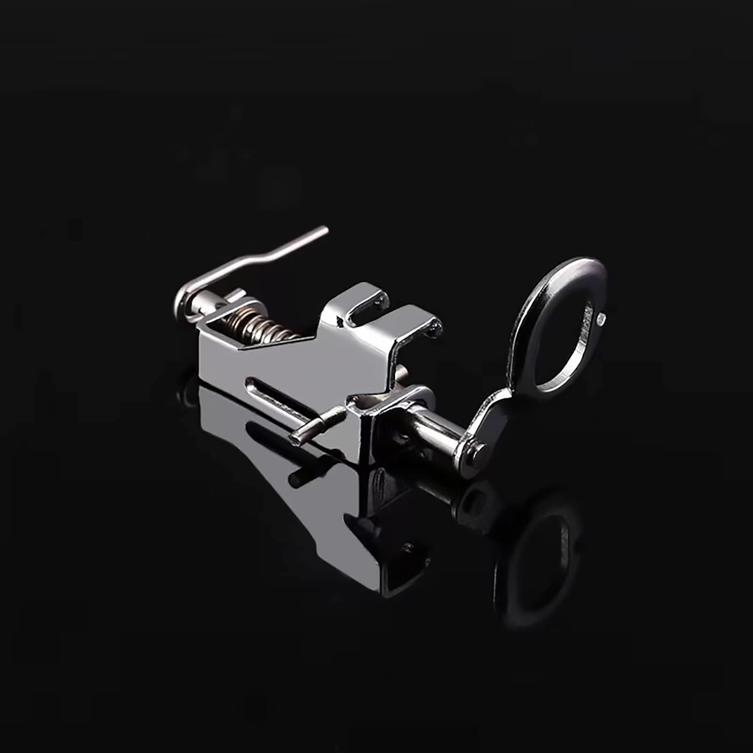 Metal-free motion presser foot with spring and needle bar, angled view