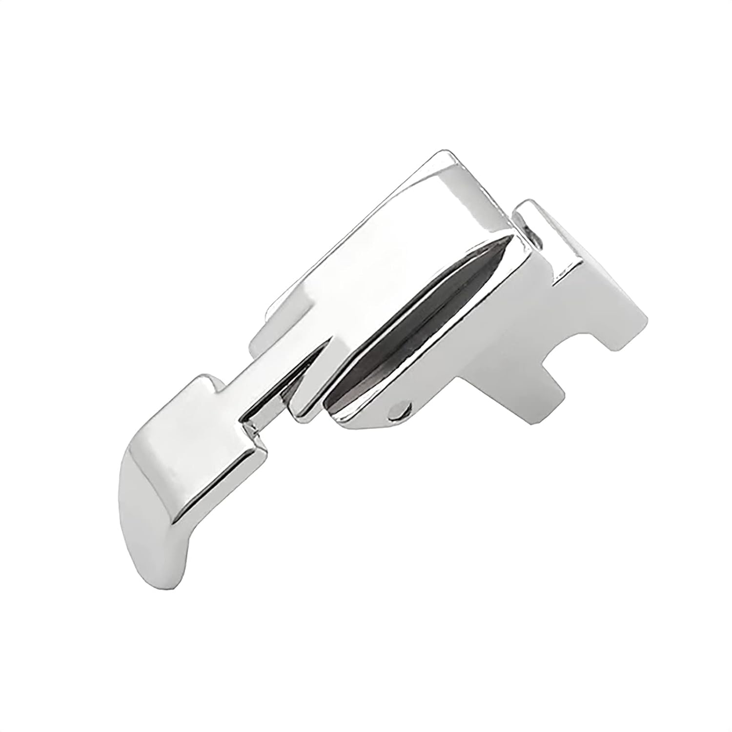Zipper presser foot, angled profile with shiny metal body and guide for stitching