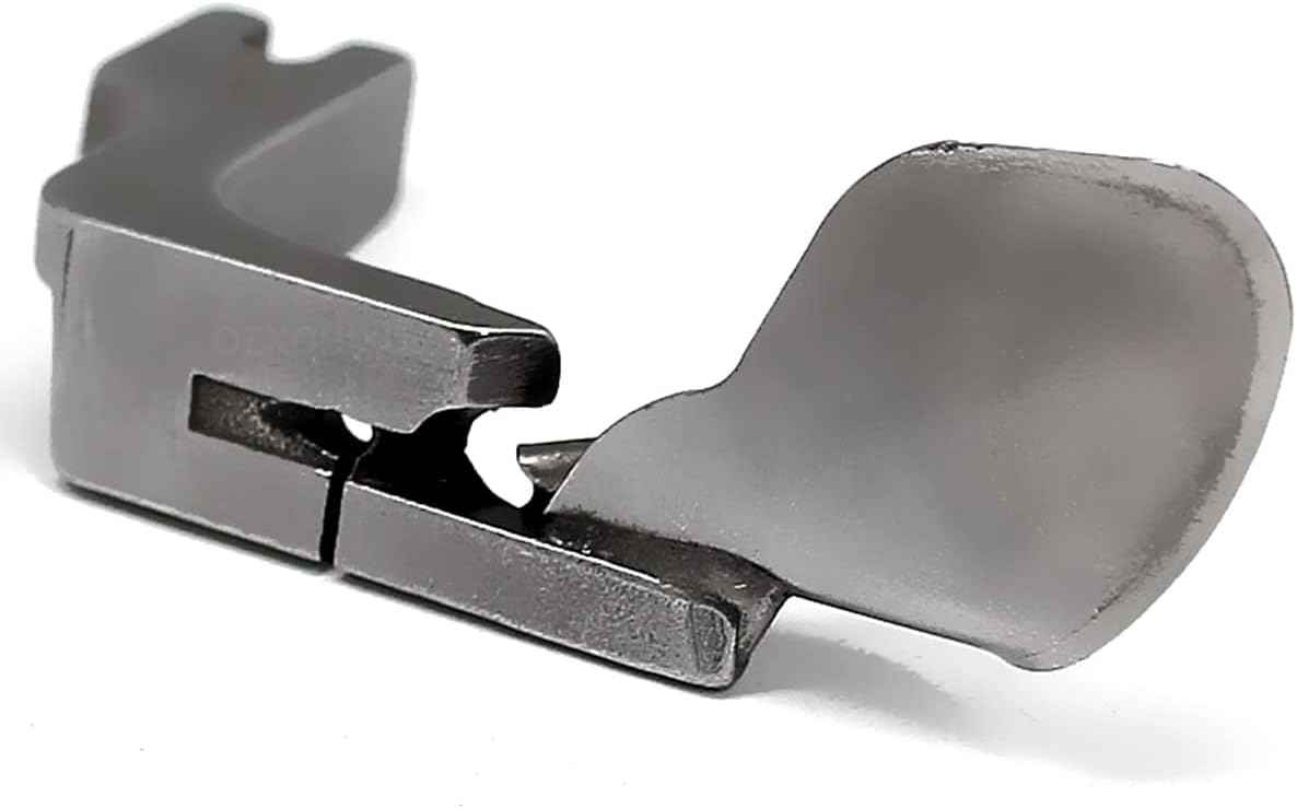 Close-up curved hemming foot for sewing machine, silver metal guide plate