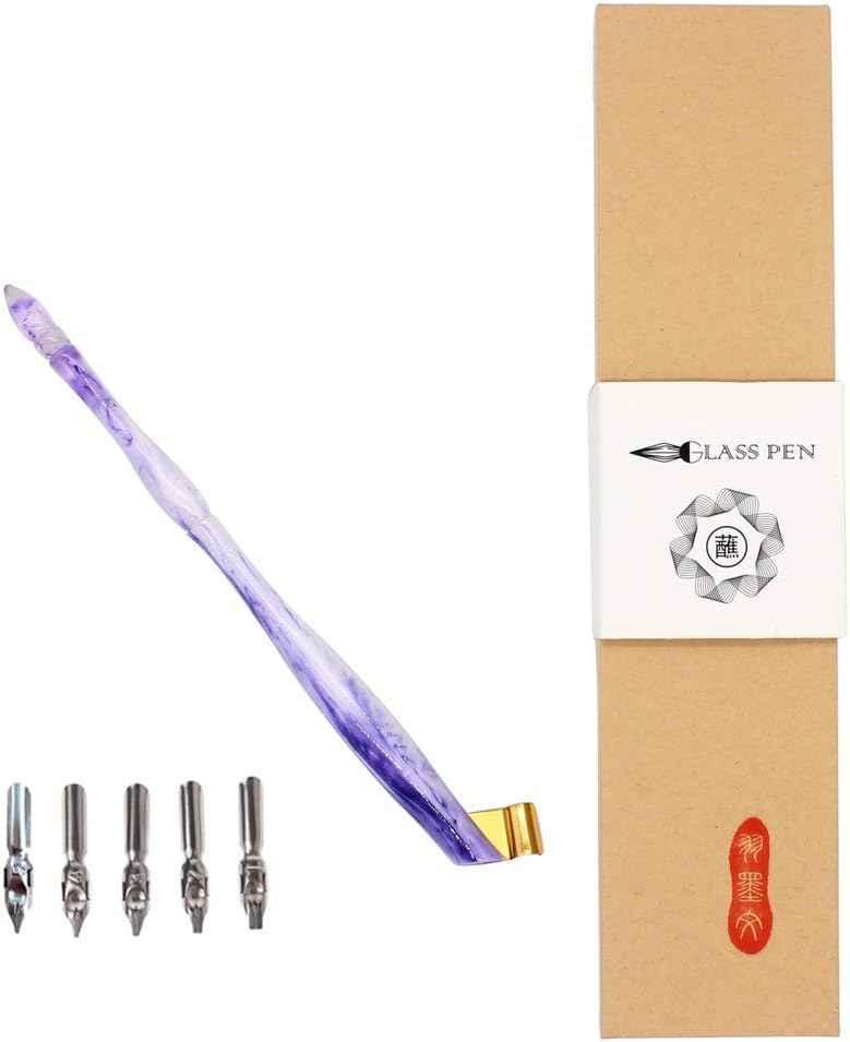 Oblique Calligraphy Nib Pen Point Holder Dip Pen 5 Flat Nibs Purple + 5Nib