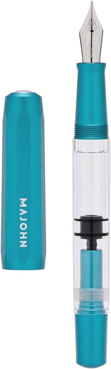 MAJOHN T1 Piston Fountain Pen,Aluminium Transparent,0.5mm Fine Nib Blue