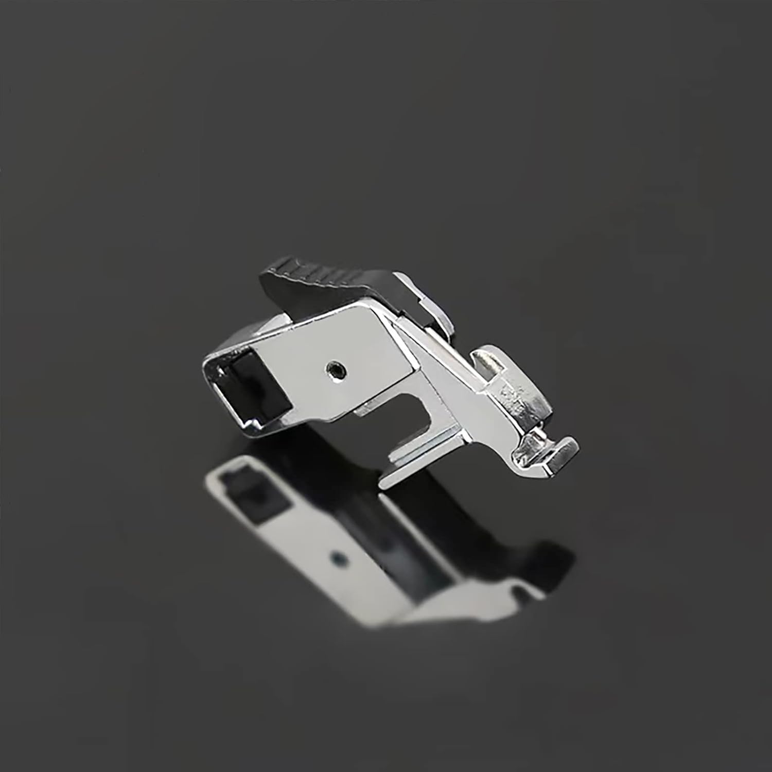 Snap-on low shank adapter presser foot holder, angled view, silver metal