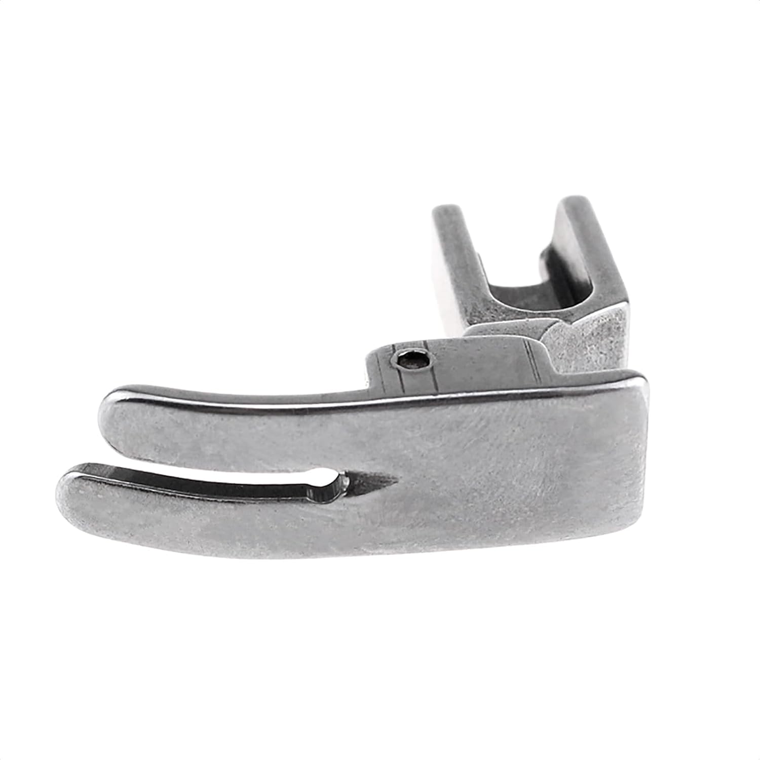 Industrial sewing machine presser foot, metal, underside view with open feed channel