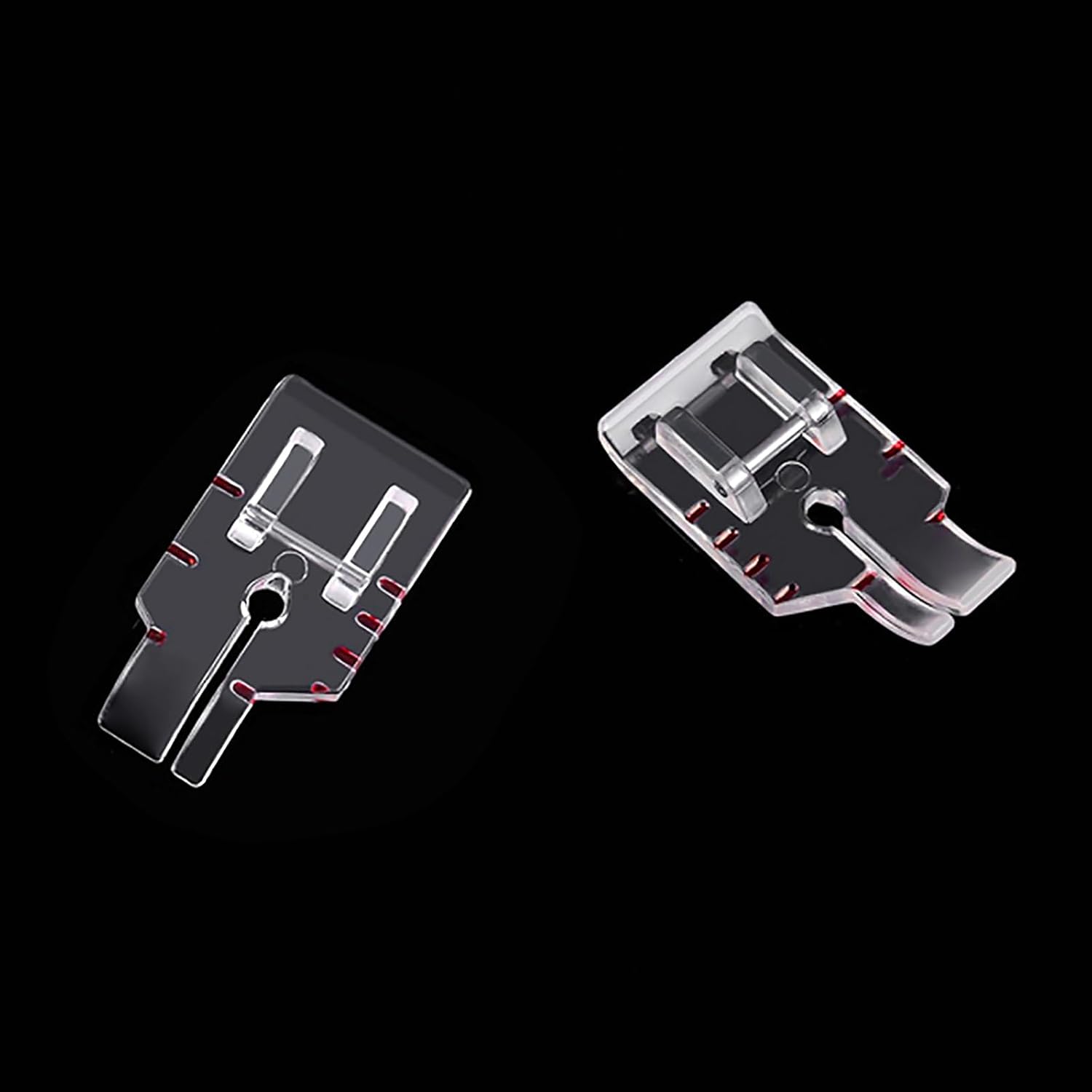 Two presser feet with transparent guides and red accents