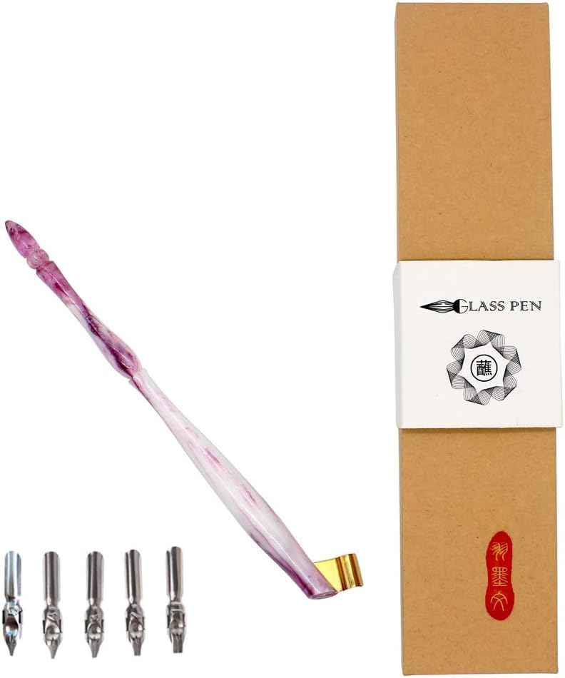Oblique Calligraphy Nib Pen Point Holder Dip Pen 5 Flat Nibs Fuchsia + 5Nib