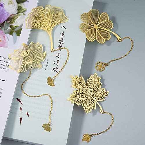 4 Pack Metal Bookmarks with Chain,Golden Hollow