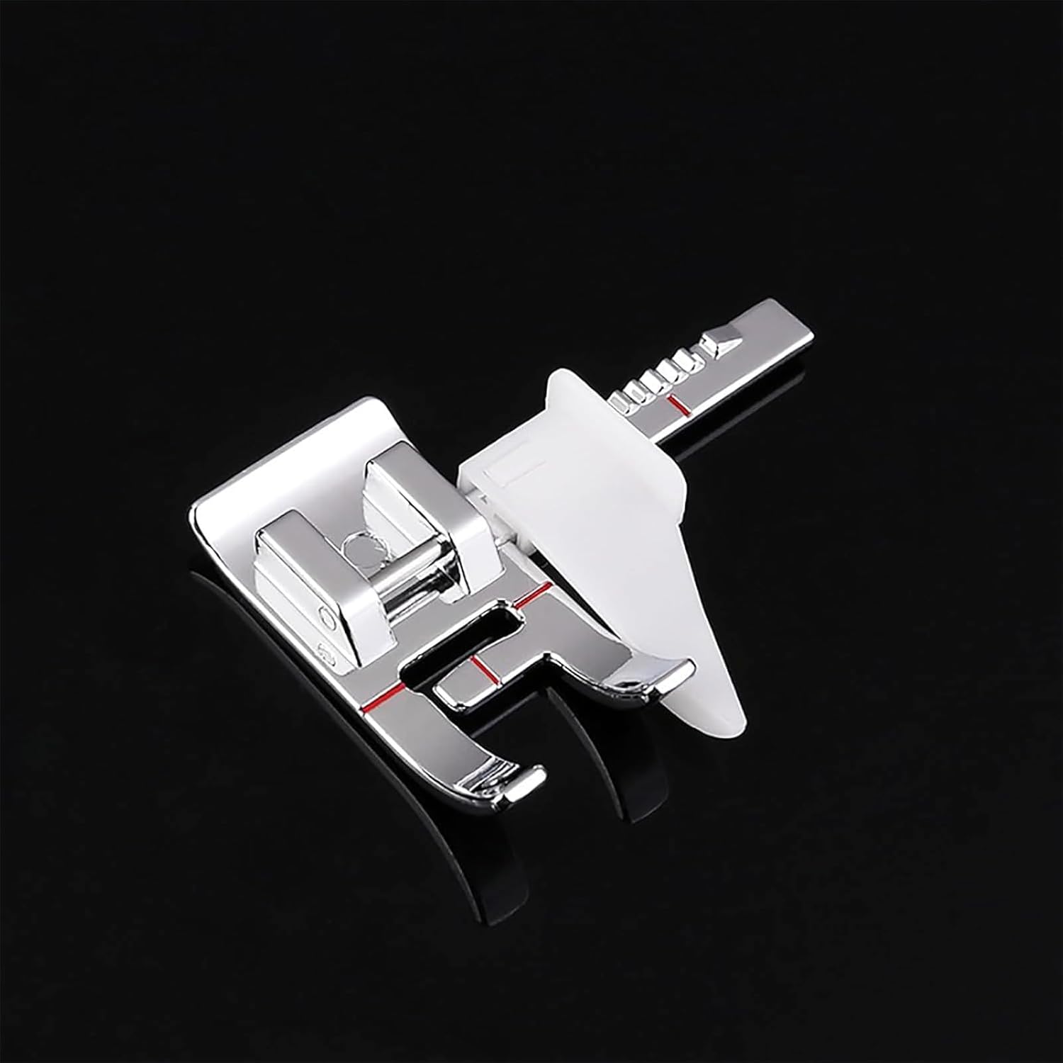 Sewing machine presser foot attachment, white guide with red markings, chrome