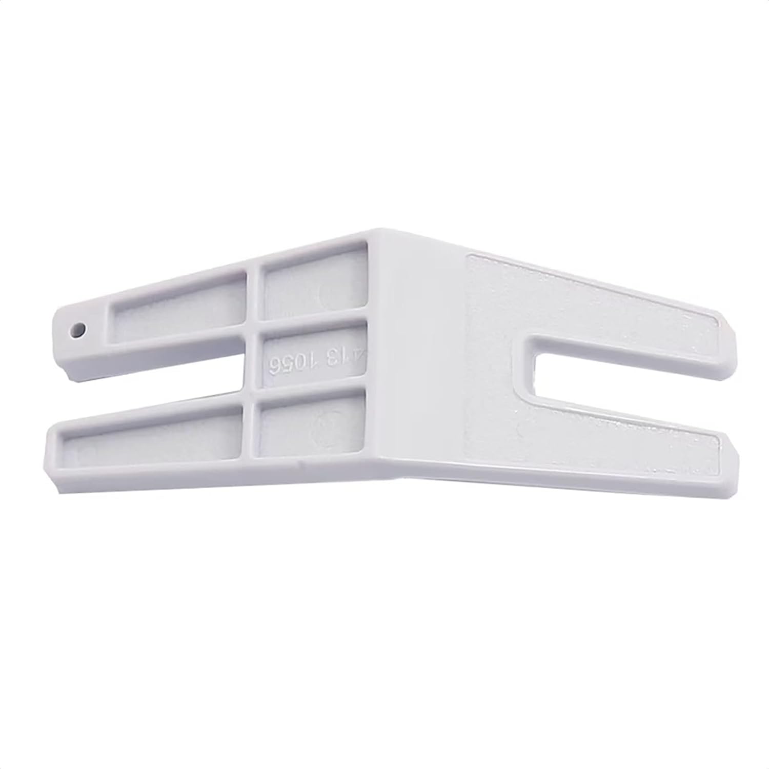 Plastic button-plate with two arms and central stamp markings