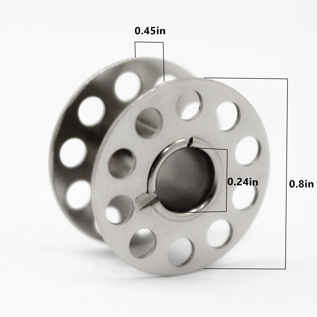 Silver metal bobbin, round perforated side view with central hole