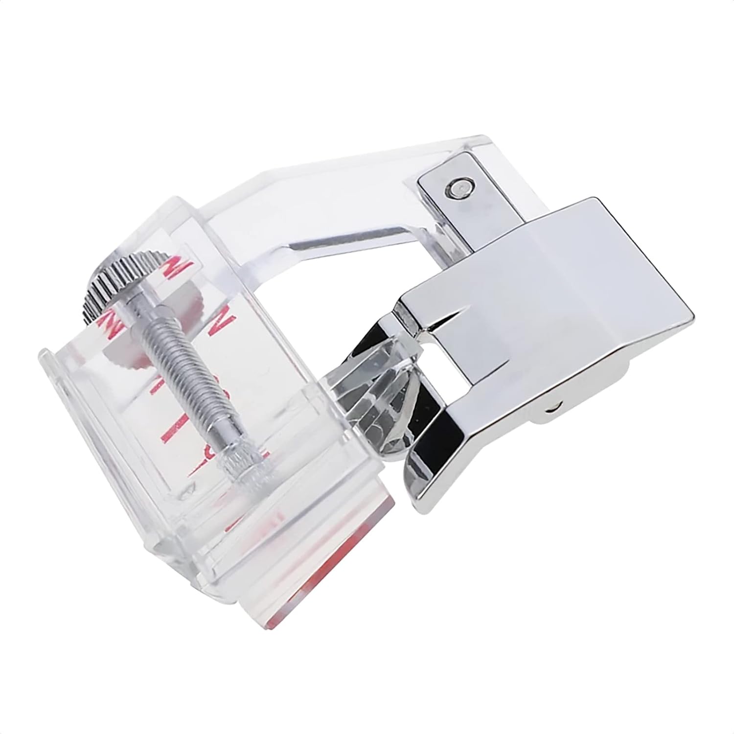 Binder presser foot with adjustable guide, transparent housing, and stamped scale