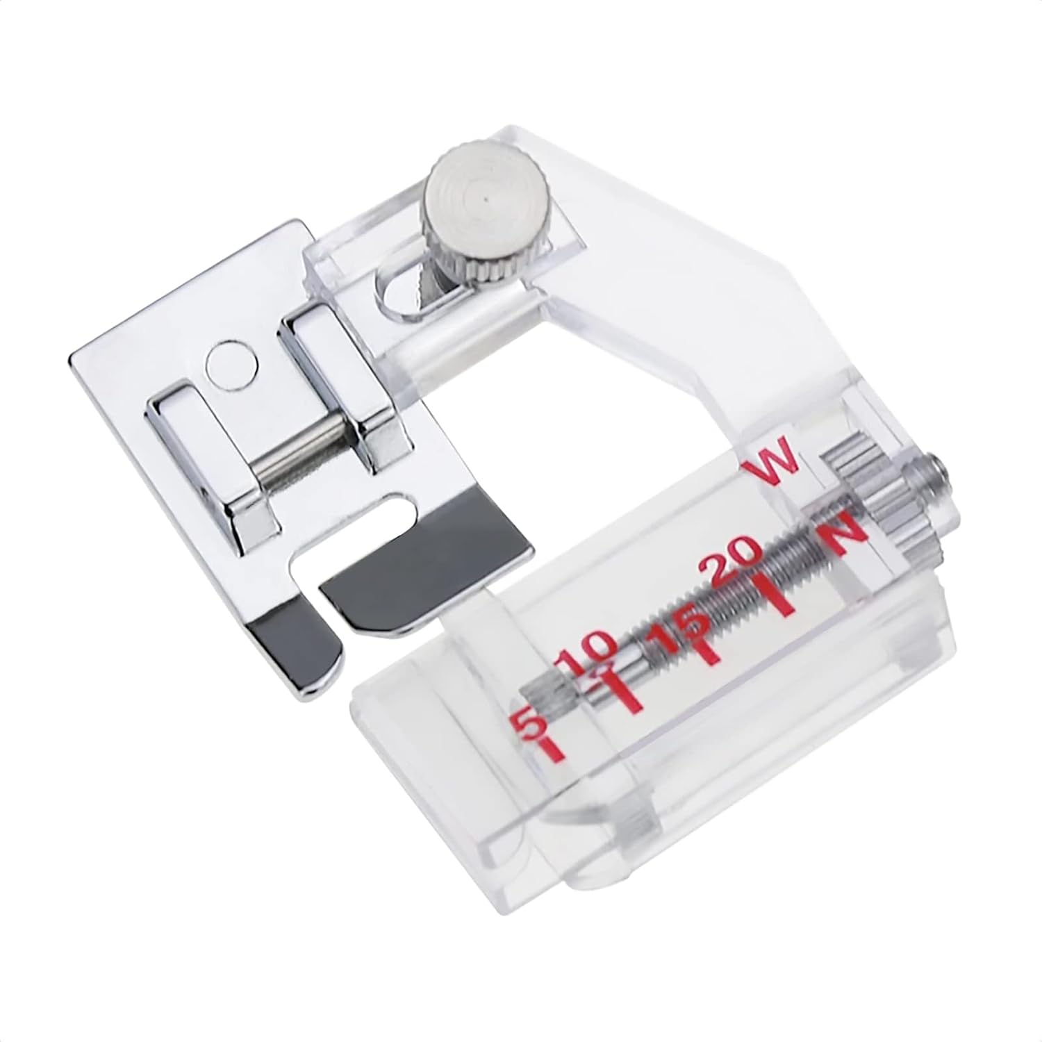 Adjustable tap bias binder presser foot set with measurement scale and knob