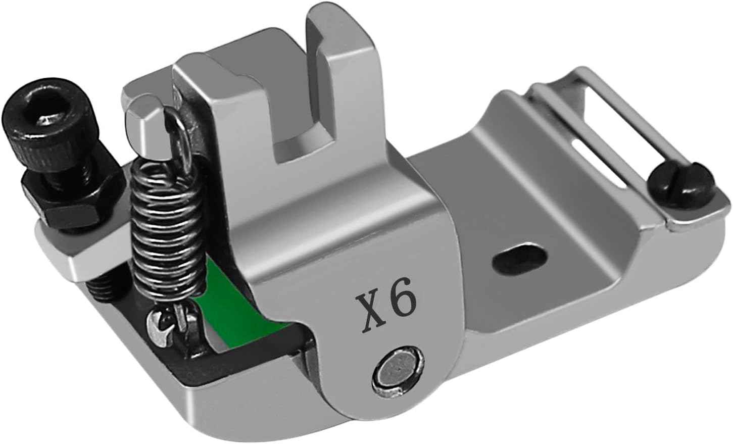 X6 rolled hem foot with green insert, 'X6' marking, and adjustable guide arms