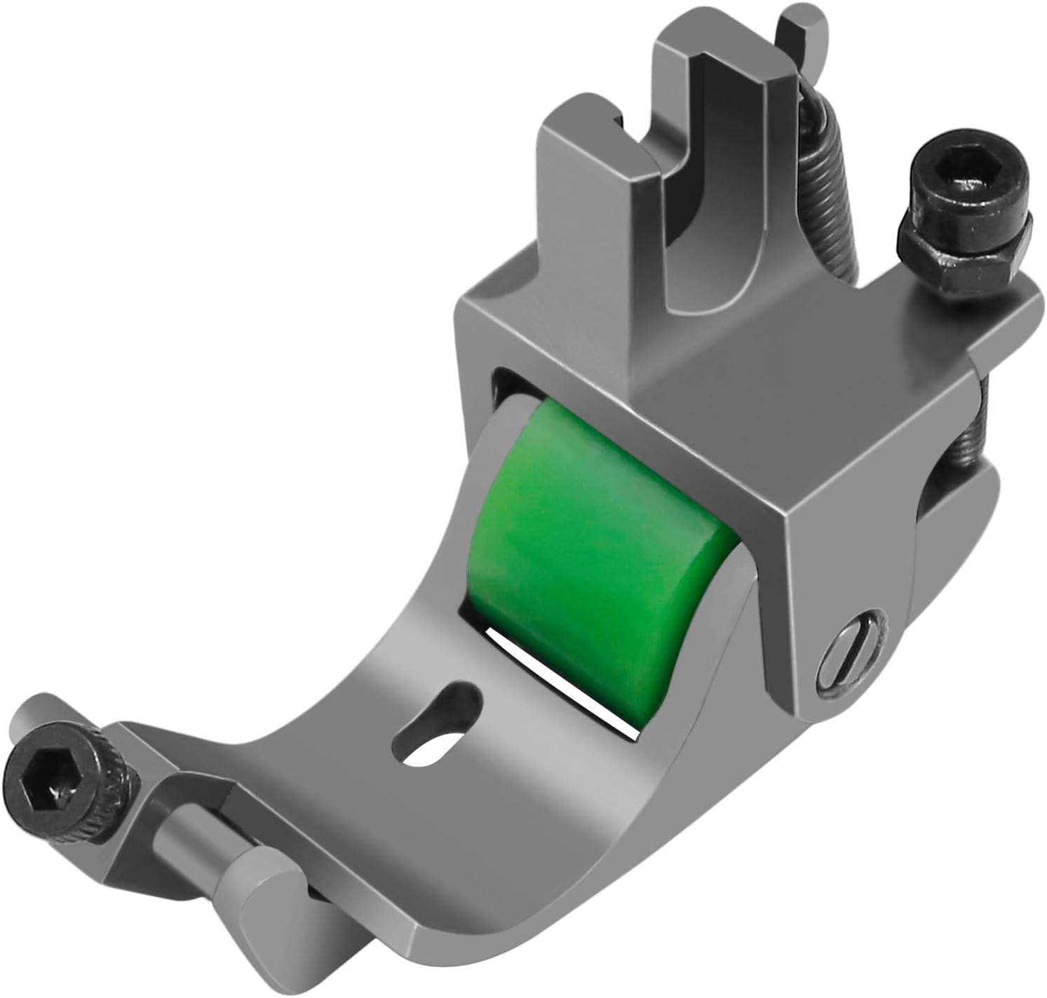 Adjustable edge guide roller presser foot with green guide roller and gray metal body