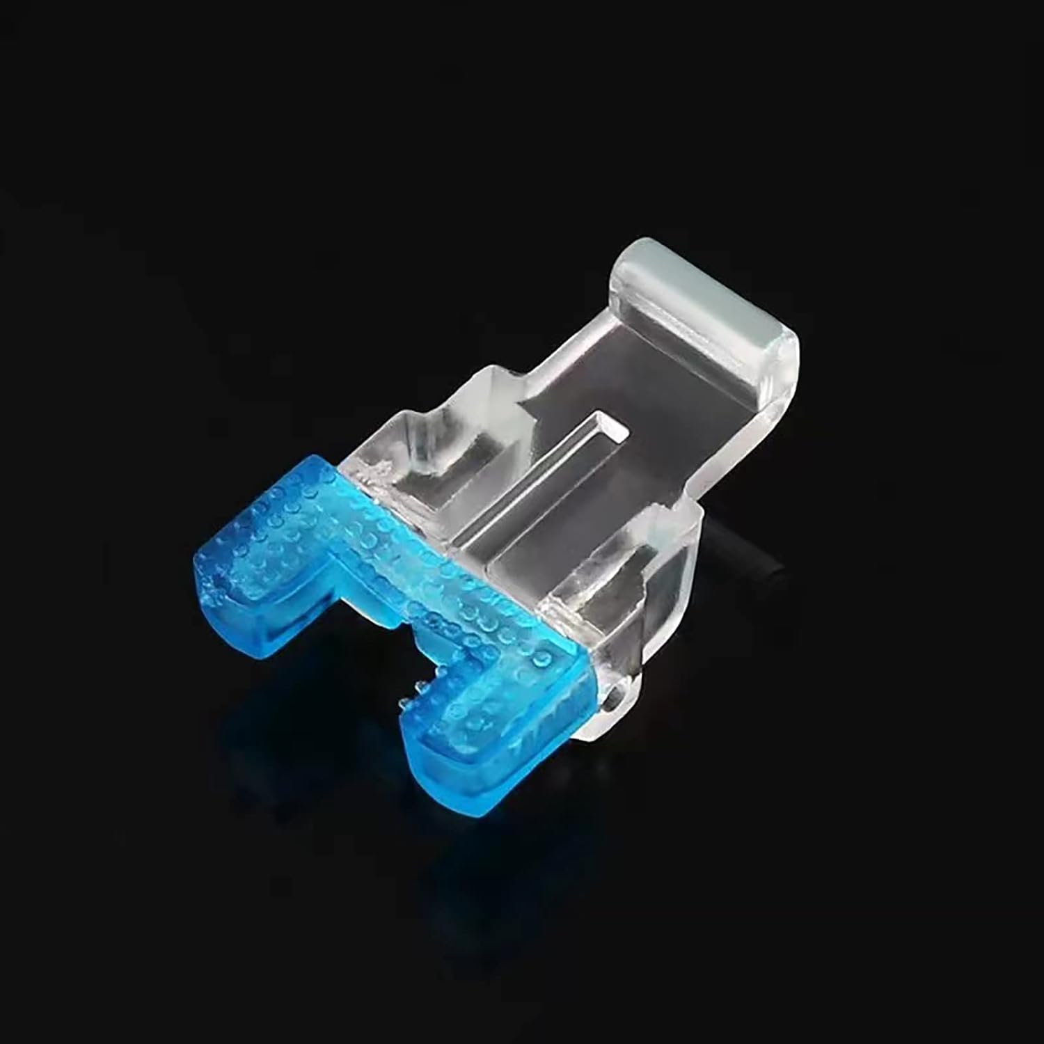 Button-sewing snap-on foot with blue clip-style guides and metal presser bar