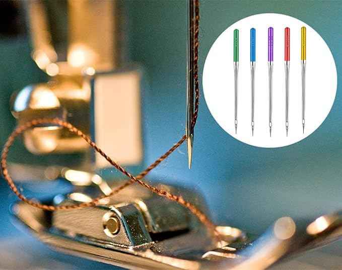 Universal HAX1 sewing machine needles, close-up view with needle tip and stitching area