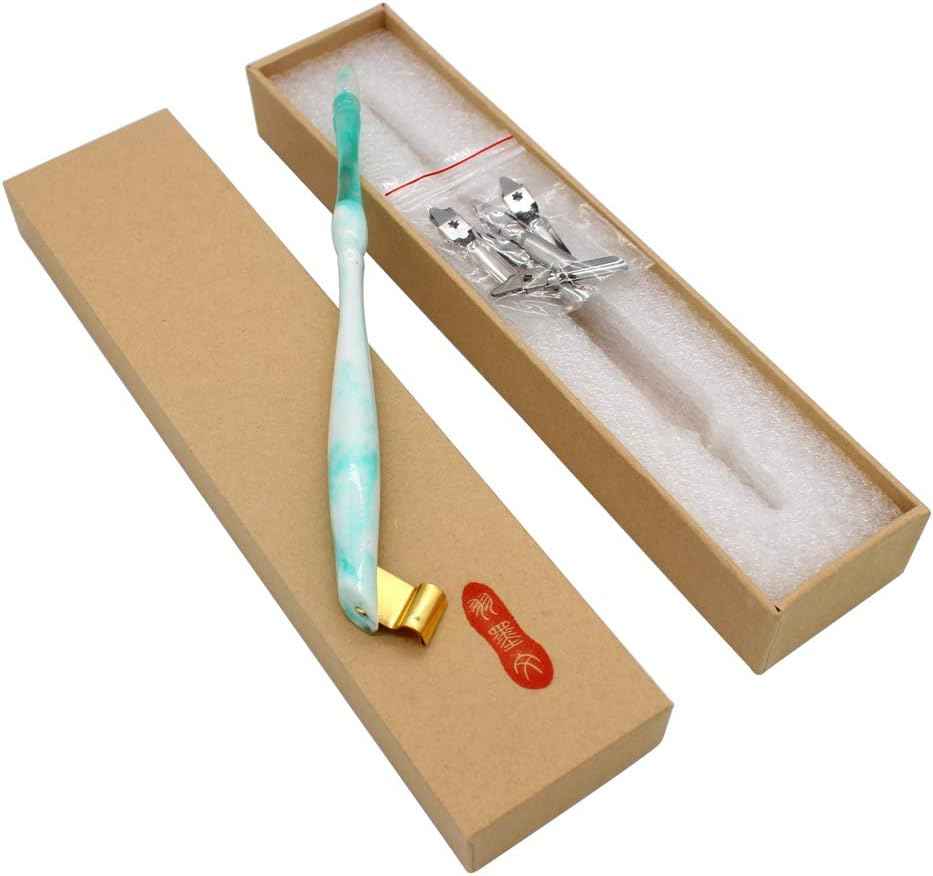 Oblique Calligraphy Nib Pen Point Holder Dip Pen 5 Flat Nibs Green + 5Nib