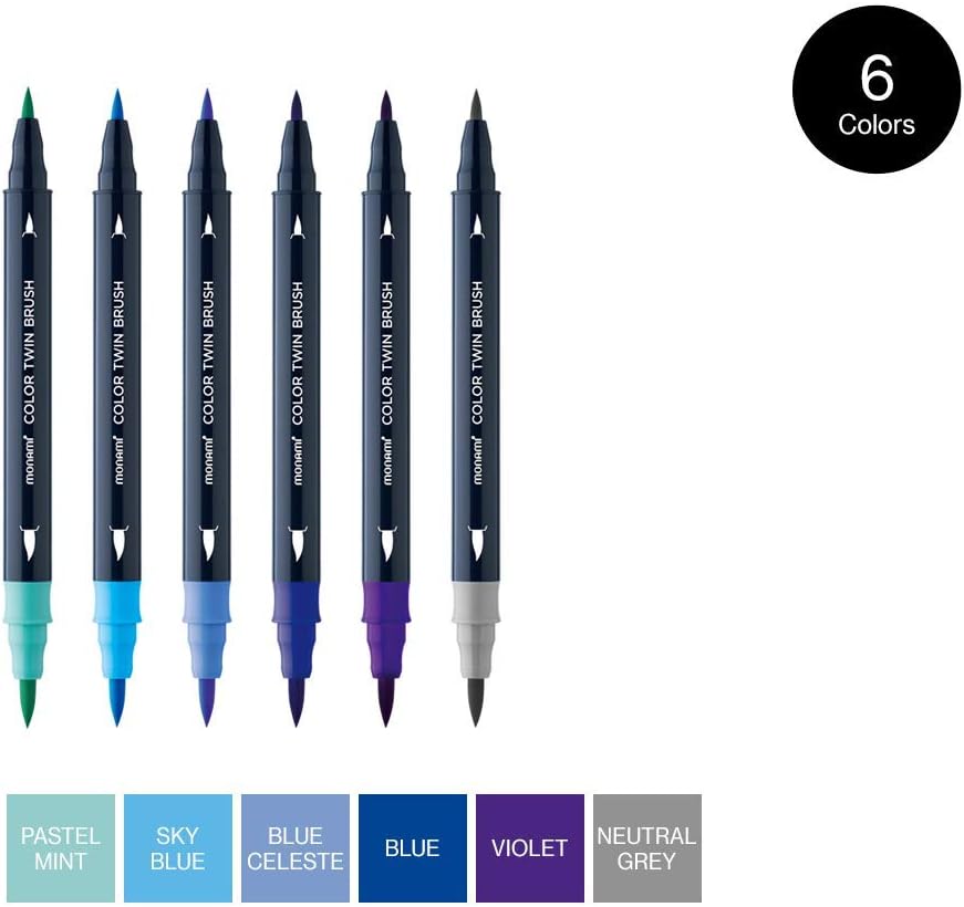 MONAMI Color Twin Brush Marker Pens,Ocean Blue & Violet 6-Pack