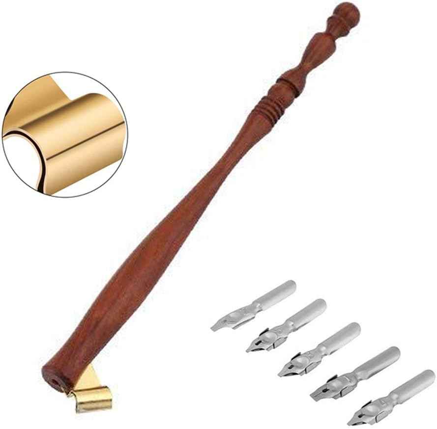 Oblique Calligraphy Nib Pen Point Holder Dip Pen 5 Flat Nibs Redwood + 5Nib