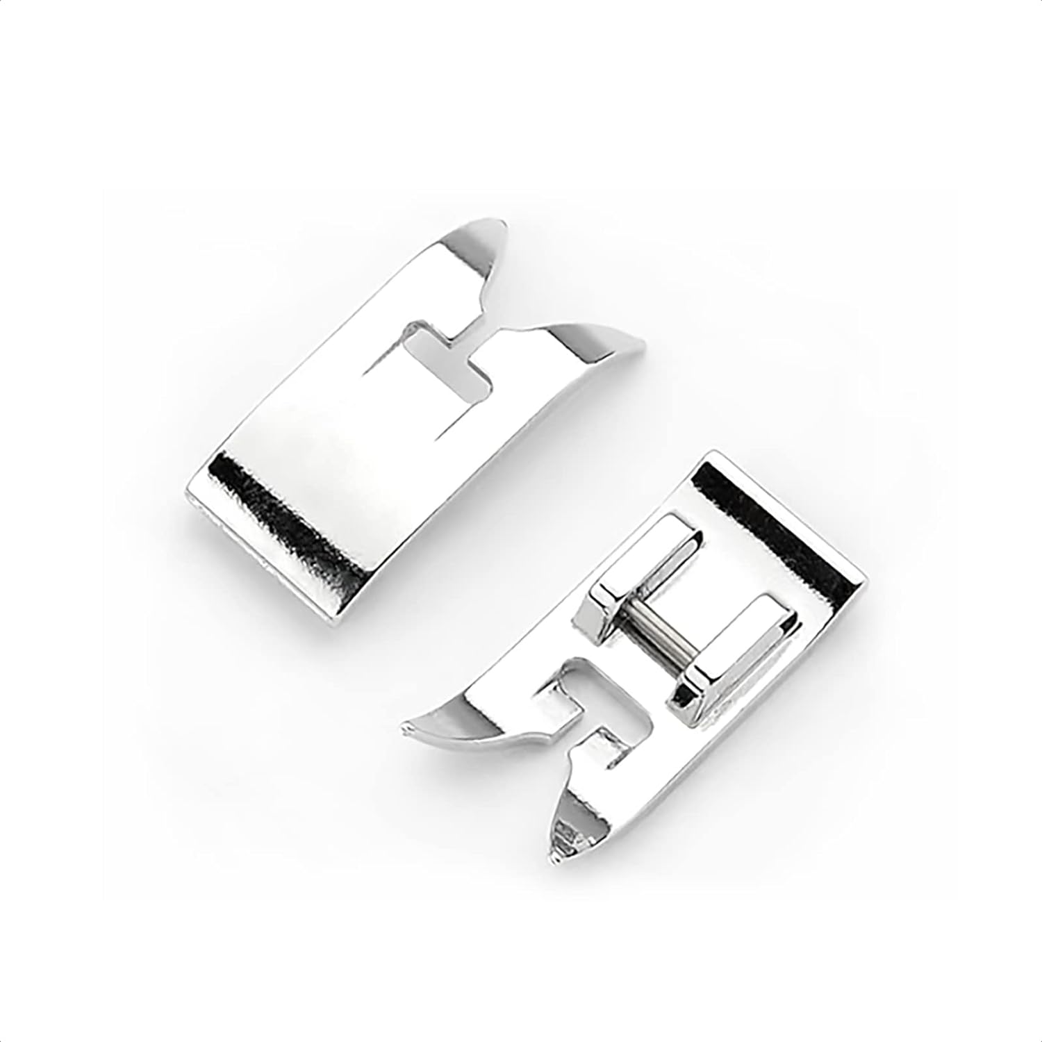 Two zigzag presser feet with guide slots and snap-on shanks, chrome metal