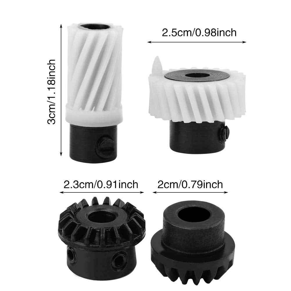 Hook-drive gear kit with measurements: white and black plastic shafts and toothed gears