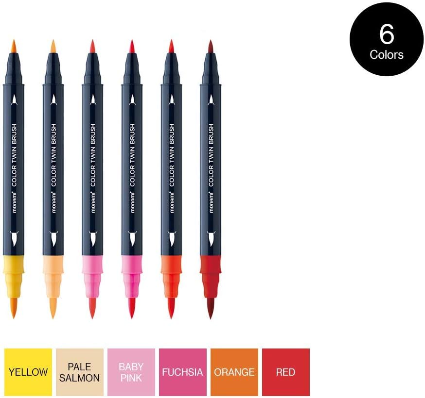 MONAMI Color Twin Brush Marker Pens,Flower Color 6-Pack