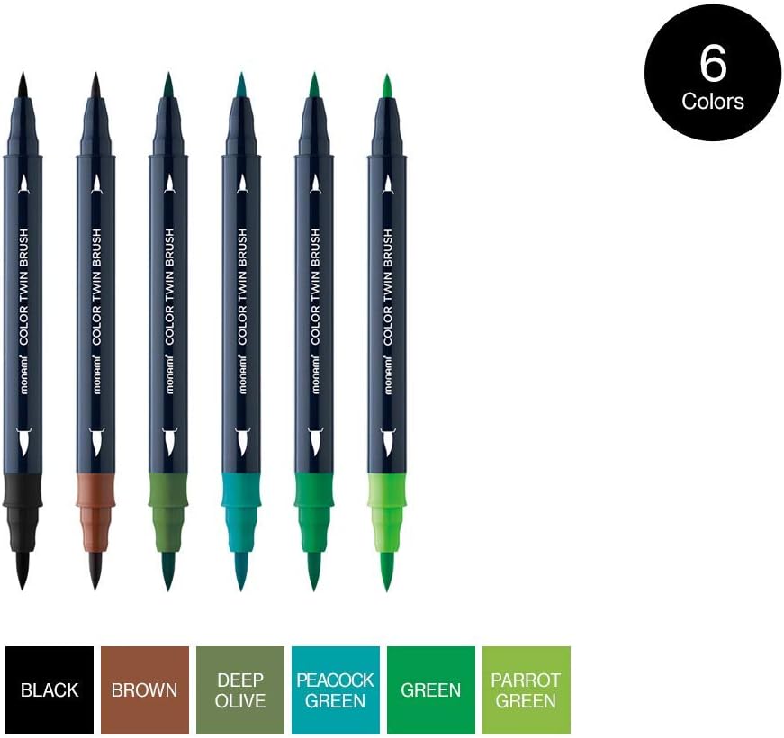 MONAMI Color Twin Brush Marker Pens,Forest 6-Pack