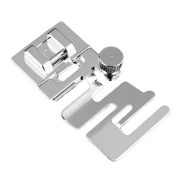 Metal presser foot set for sewing elastic cord bands, includes two pieces