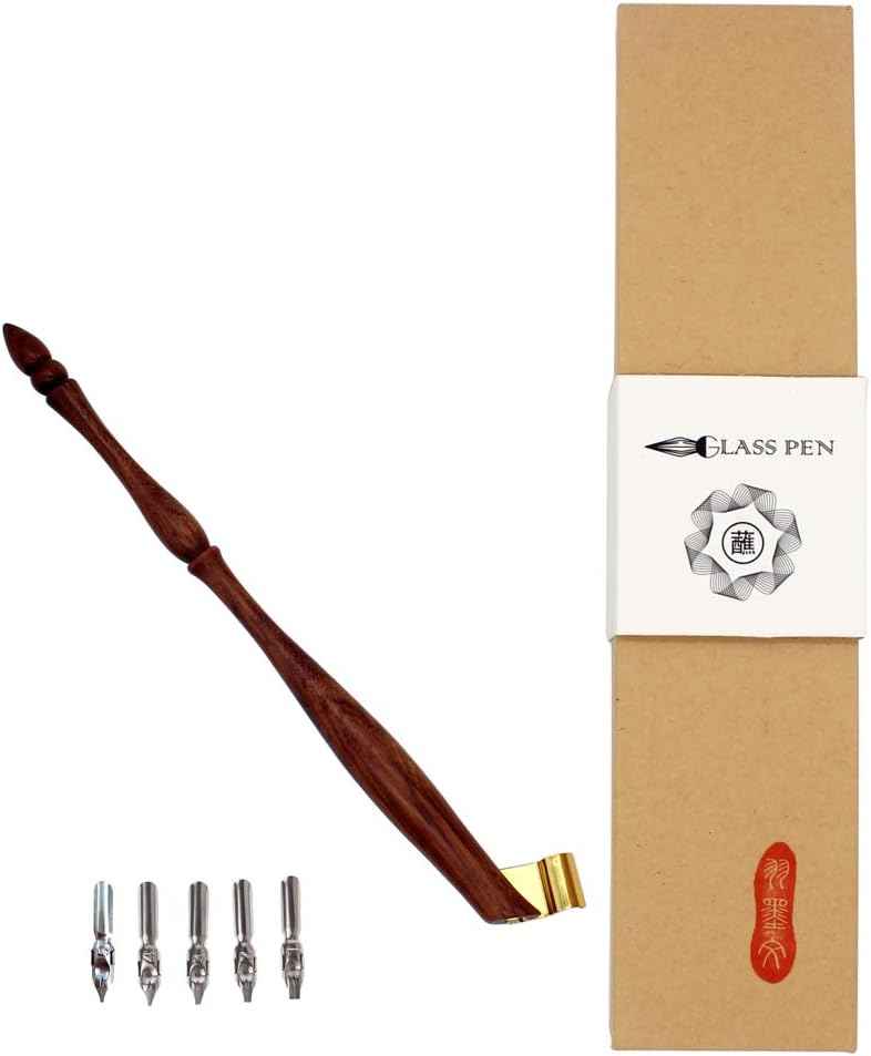 Oblique Calligraphy Nib Pen Point Holder Dip Pen 5 Flat Nibs Redwood + 5Nib