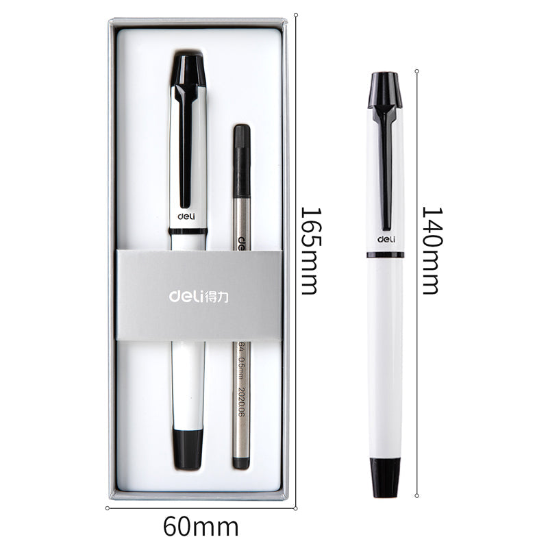 DELI S153 Rollerball Pen - 0.5mm Black Ink with Black/White Metal