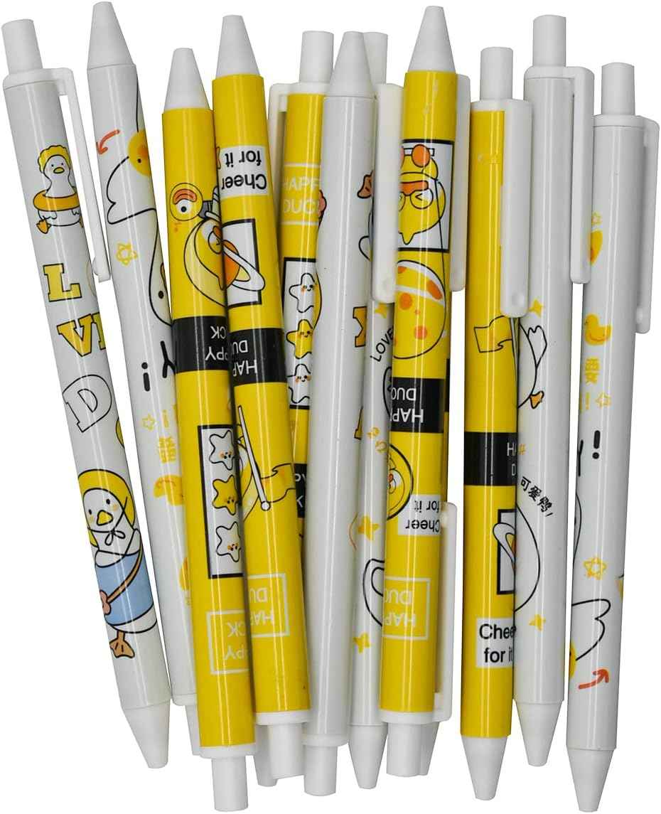 12PCS Little Yellow Duck Print Retractable Gel Pens Black Ink For Kids