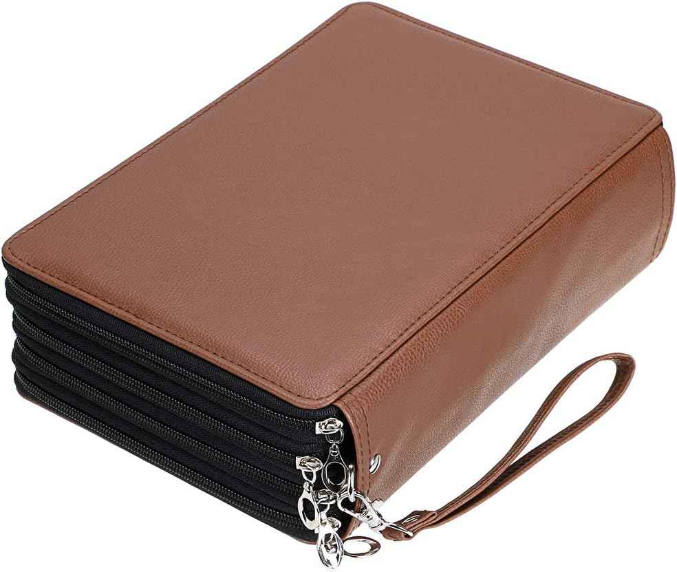 200 Slots PU Leather Pencil Case Holder Organizer Brown