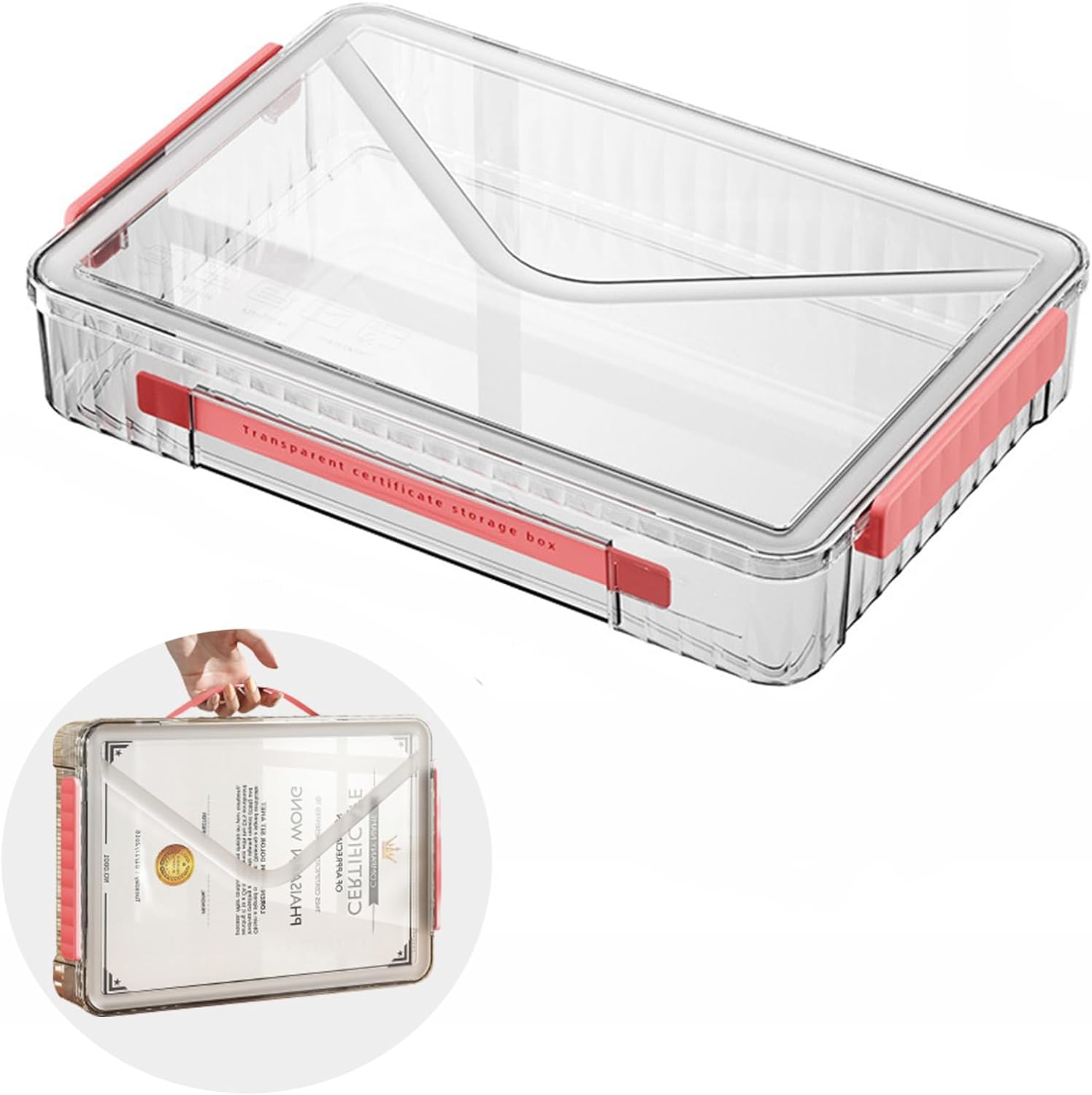 Plastic Storage A4 File Project Case with Handle Clear White with Red Latches