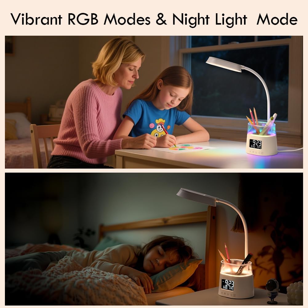 LED Desk Lamps for Home Office with Pen Holder Clock USB Charging