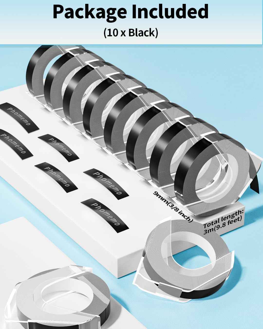 Phomemo 3D Plastic 9mm Embossing Tapes for Dymo Embossing Label Maker Black