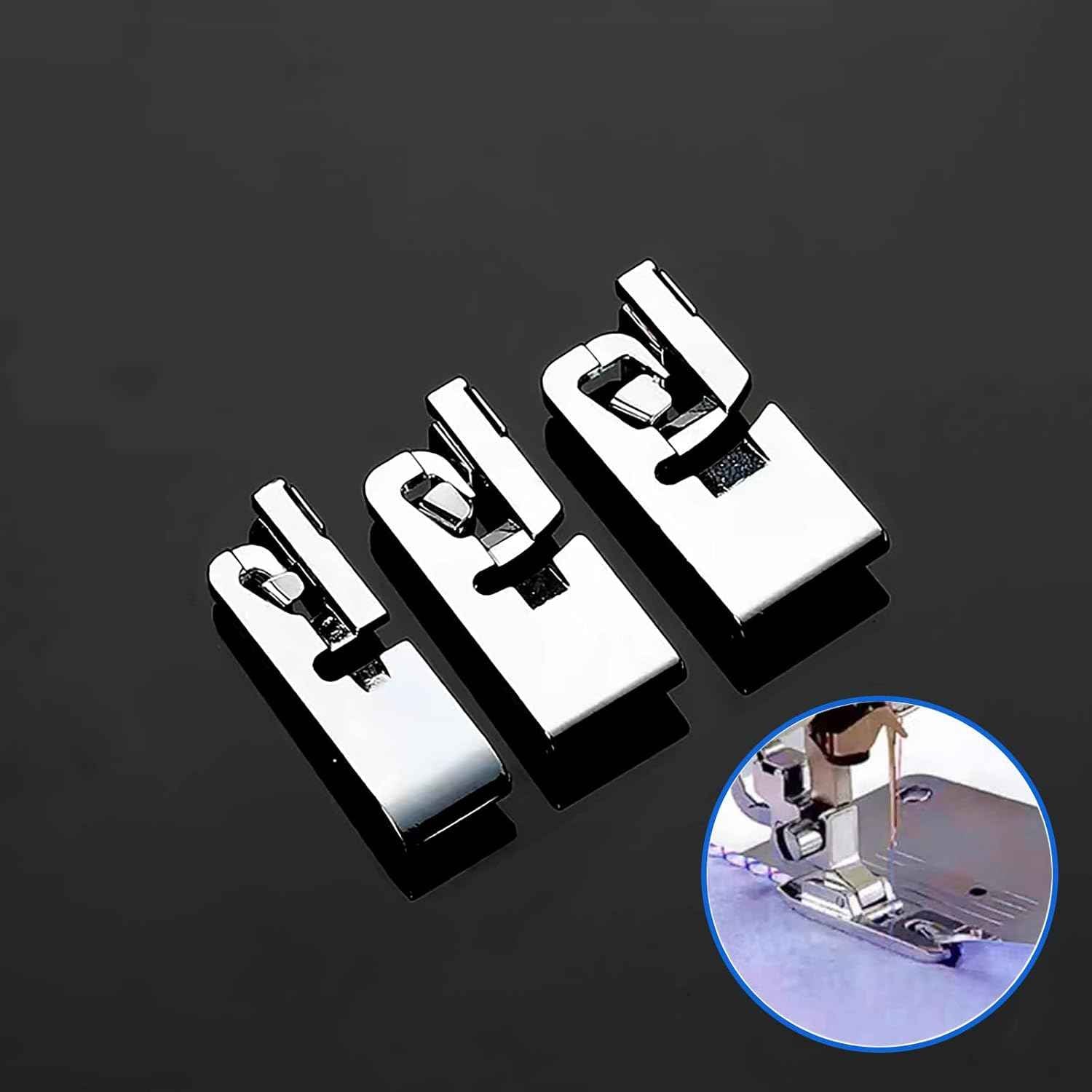 Three narrow rolled hem presser feet with different cutouts, 3mm, 4mm, 6mm
