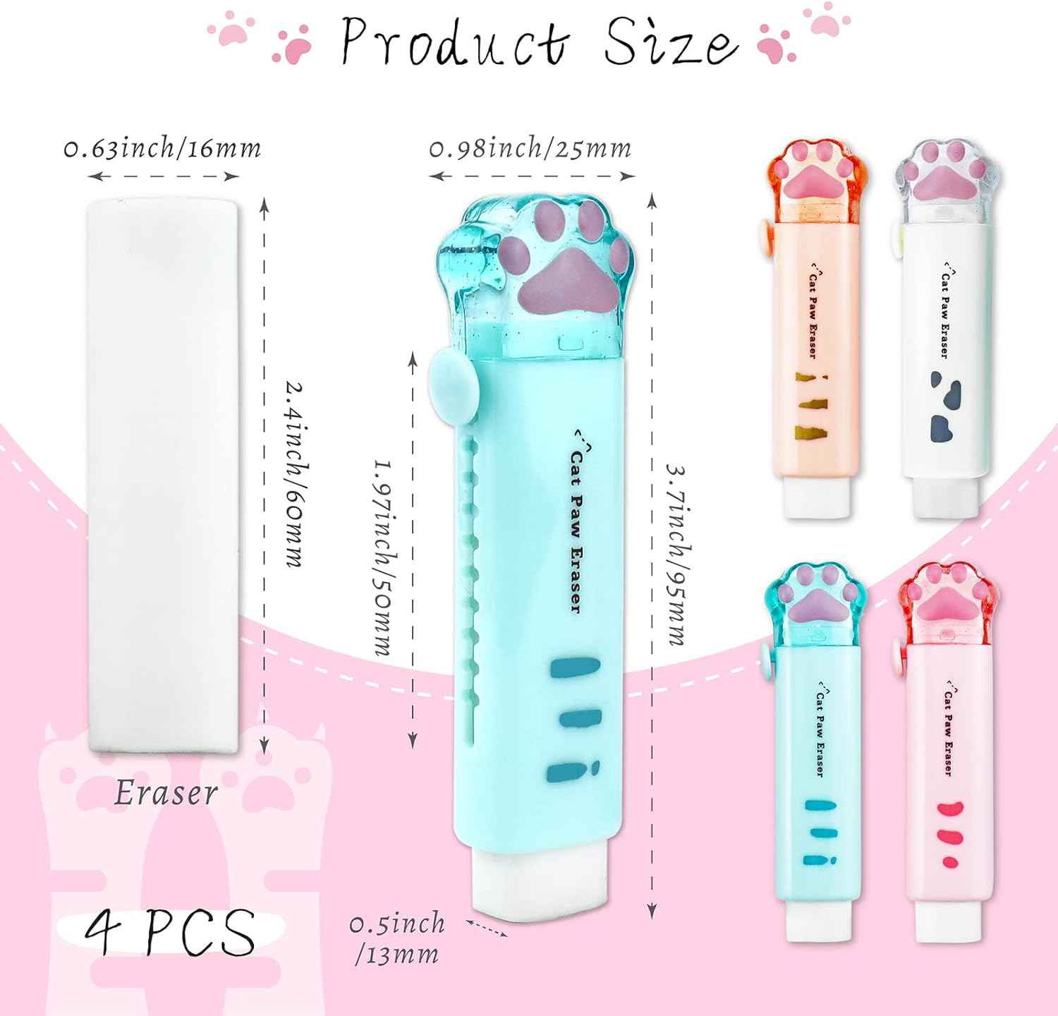 4Pcs Cat Paw Shaped Retractable Erasers Rubber
