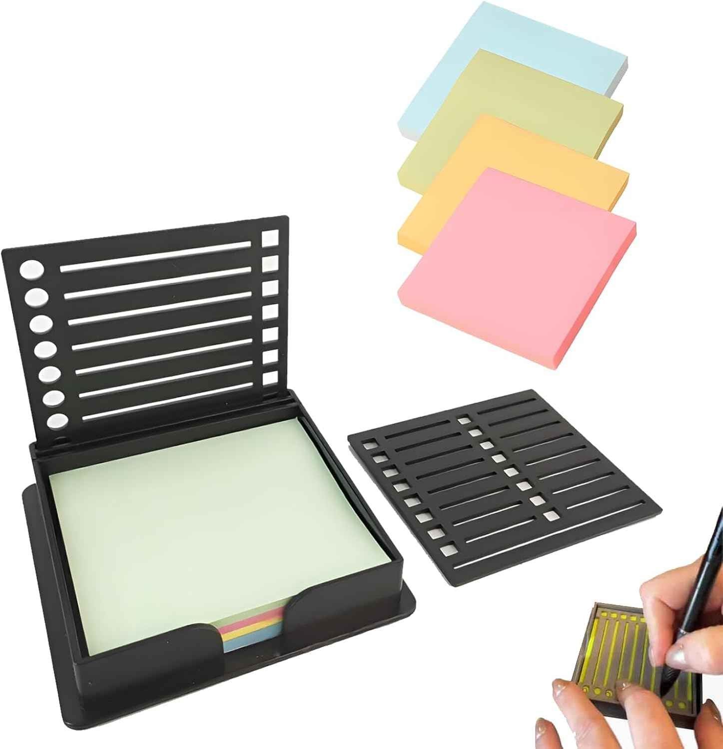 Sticky Note Holder with Stencil 3x3 with 4 Color Sticky Notes Black