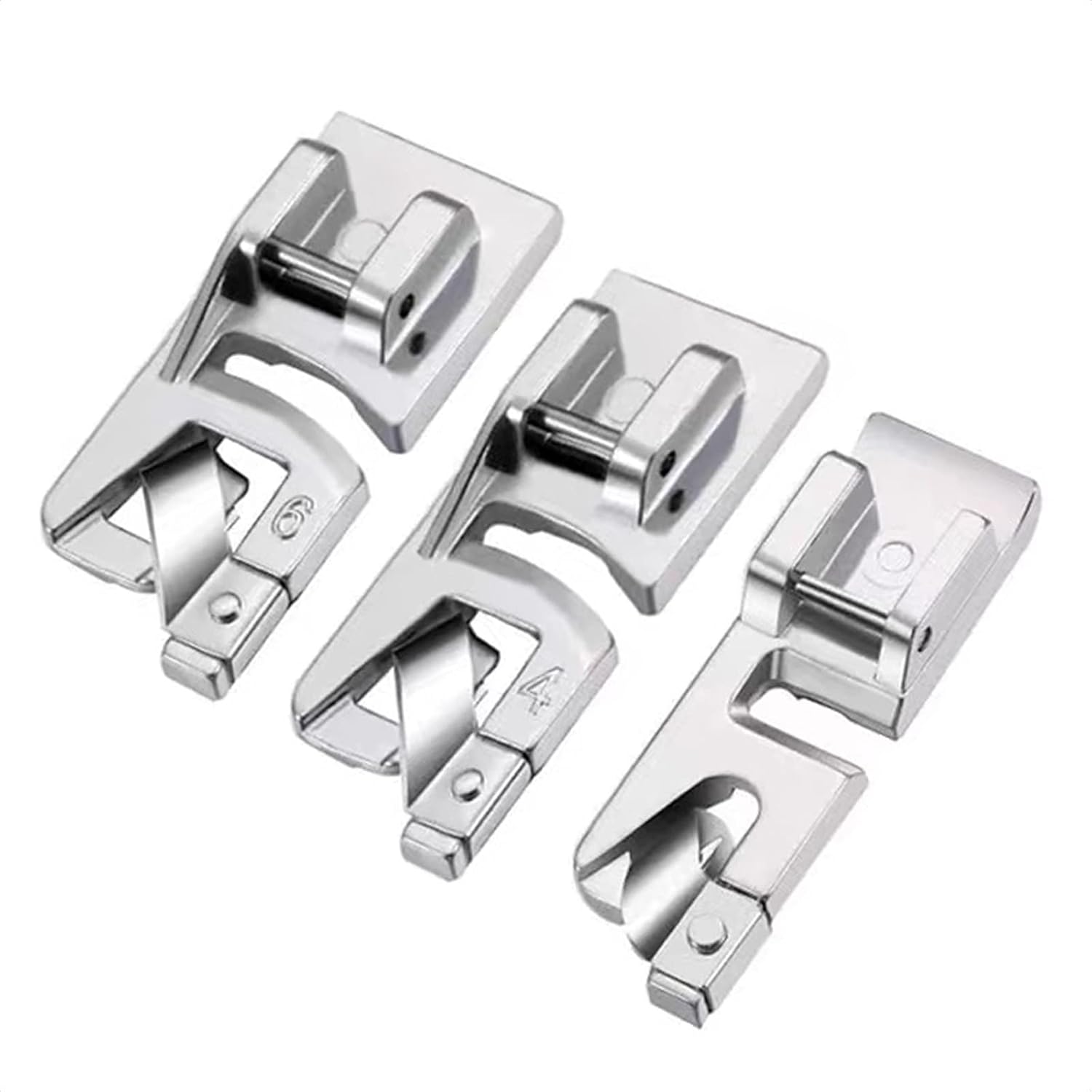 Narrow rolled hem presser foot set, 3mm/4mm/6mm, three silver feet with labels
